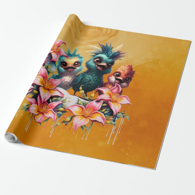 Fågelmagi i ett hav av ​ blommor ​. presentpapper (Utrullad)