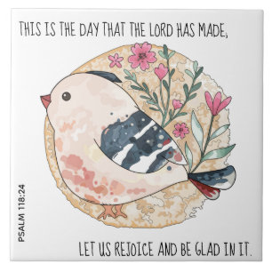 Fågelmålad med blommor, verterad från Psalm 118:24 Kakelplatta