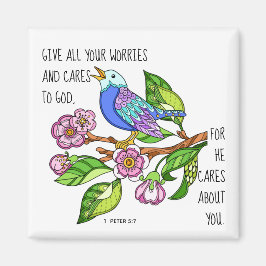 Fågelmålad, med versell från 1 Peter 5:7 Magnet