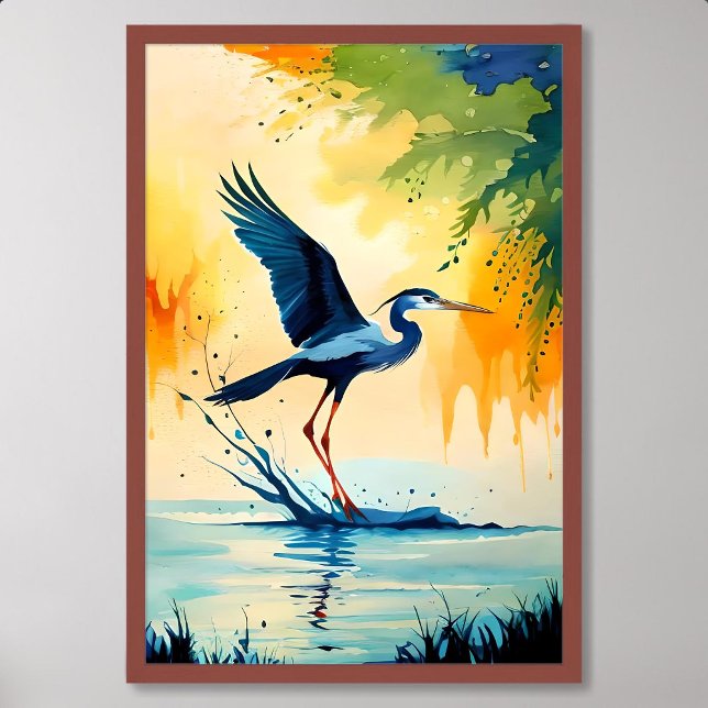 Fågelmålande trifärgad öron fångar fisk i träsk poster (bird painting tricolored heron catch fish in swamp)