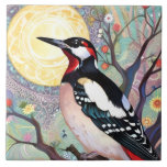 Fågelmålning av Arty Underbar Spoted Woodpecker Bi Kakelplatta<br><div class="desc">"underbar fläckpeckerfågel",  "vildlevande på gren",  "färglösa blommor träd blommar",  "röd blommigt blommor blommar",  "exotisk multifärgad,  trädgård för blommor",  "contemporary gustav klimt inspirerad",  "dekorativ konst deco nouveau",  "vår guld sol måne natur",  "skogen skogskaraktär". svarta och vita fjädrar"</div>