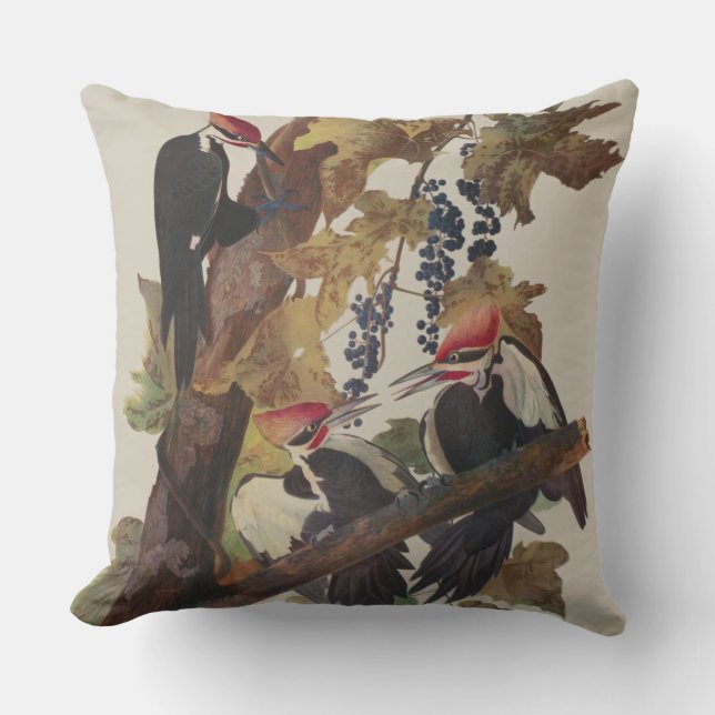 Fågelmålning av Audubon Pileated Woodpecker Bird P Kudde (Framsida)