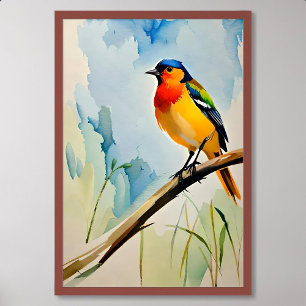 Fågelmålning av färgfull Elegant Songbird på Twig Poster