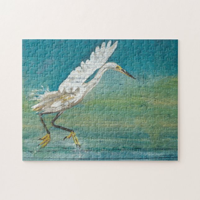 Fågelmålning av Gorgal Egret Shore Bird Painting Pussel (Horisontell)
