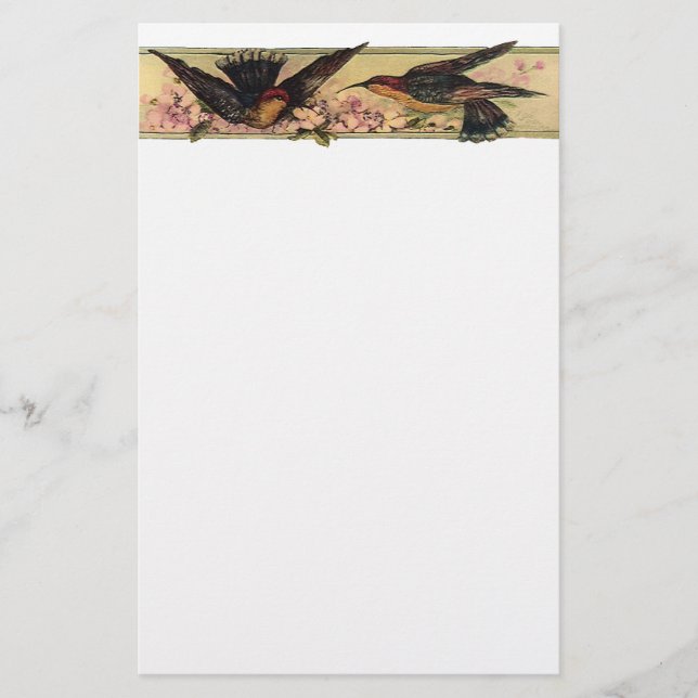 Fågelmöte ~ Stationery Rosa Flowers Vintage Brevpapper (Framsida)