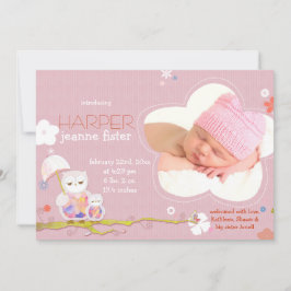 Fågeln Cute Uggla Rosa Flicka Photo Birth Meddelande