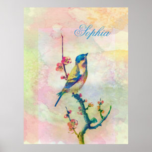 Fågelns blommigt för söta vintagar poster