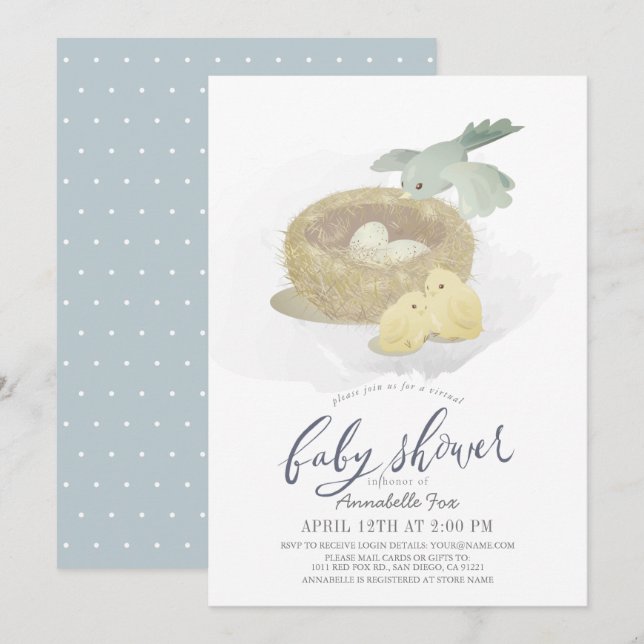 Fågelns Virtuella babyskor för  blåbarn Inbjudningar (Fram/baksida)