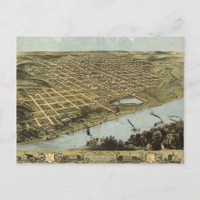 Fågelperspektivkarta över Omaha Nebraska (1868) Vykort (Framsida)