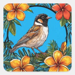 🌼 Fågelram-sticker med blommotiv Trädgård Natur-d Fyrkantigt Klistermärke