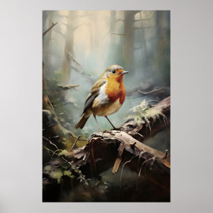 Fågelrödhake i skogsväggskryss, fågelrustik poster