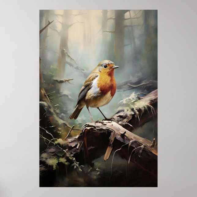 Fågelrödhake i skogsväggskryss, fågelrustik poster (Framsidan)