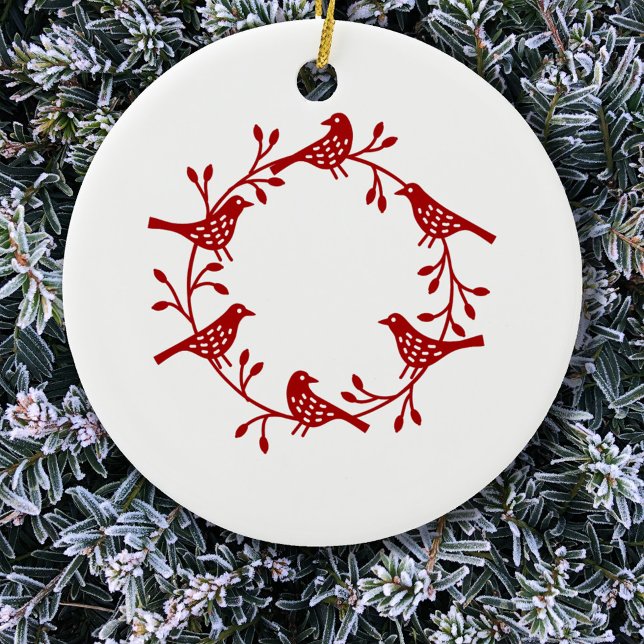 Fågelrött på Vit Modern Scandi Julgransprydnad Keramik (Red and white Scandinavian bird wreath Christmas ornament)