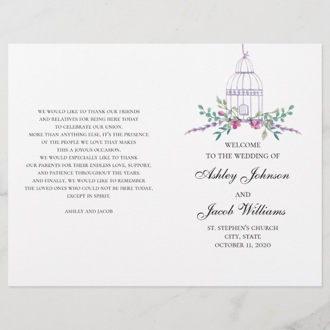 Fågelsångsbur för bröllop veckad. Violetta blommor (Framsida)