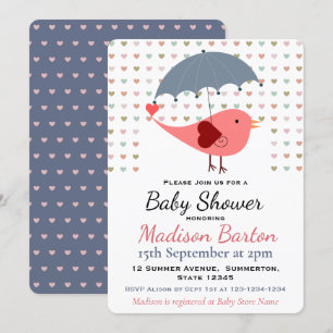 Fågelskötare under paraplyrning Hearts Baby Shower Inbjudningar