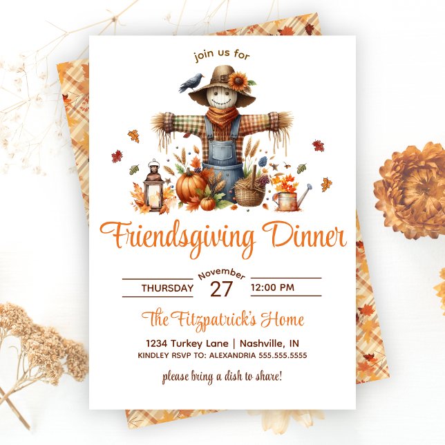 Fågelskrämma Friendsgiving förut Thanksgiving - mi Inbjudningar (Scarecrow Friendsgiving Feast Thanksgiving Dinner Invitation)