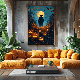 Fågelskrämma Halloween med lysande Jack-O'-Lantern Poster