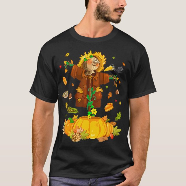 Fågelskrämma Hösten Hej Fall Pumpkin Halloween T Shirt (Framsida)