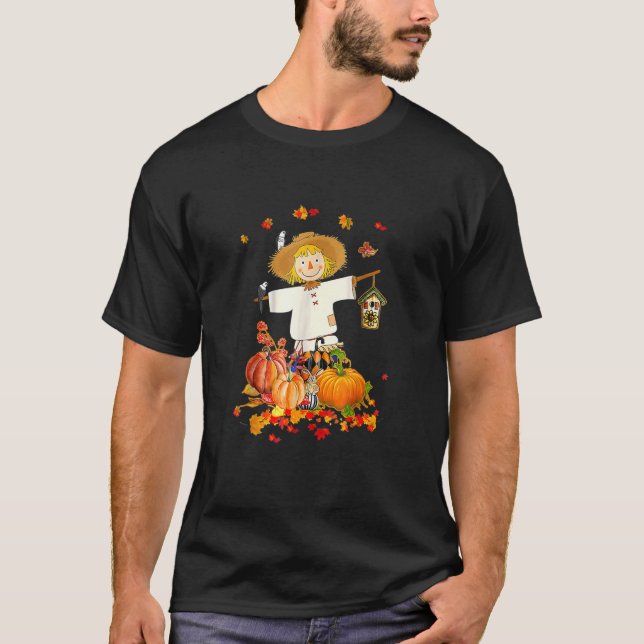 Fågelskrämma Hösten Hej Fall Pumpkin Thanksgiving  T Shirt (Framsida)