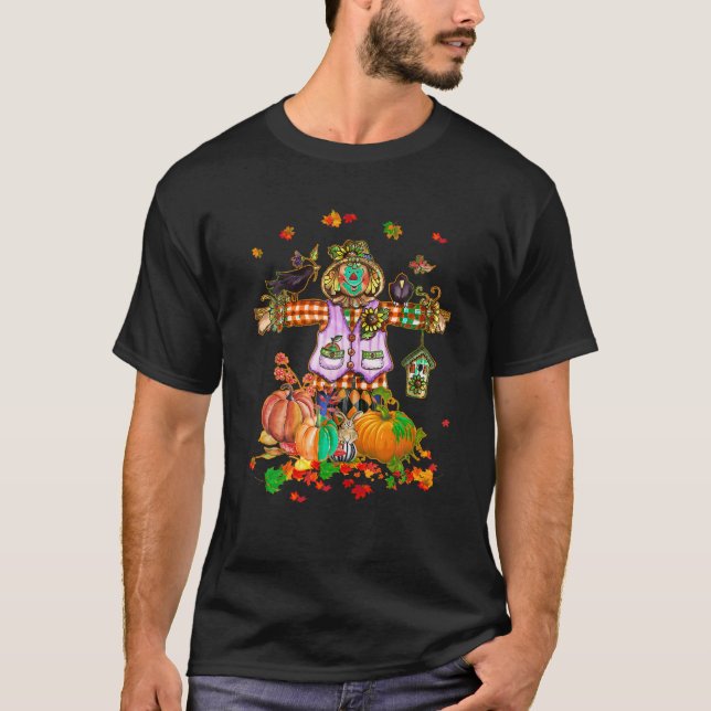 Fågelskrämma Hösten Hej Fall Pumpkin Thanksgiving  T Shirt (Framsida)