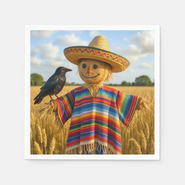 Fågelskrämma iförd sombrero och poncho pappersservett (Framsidan)