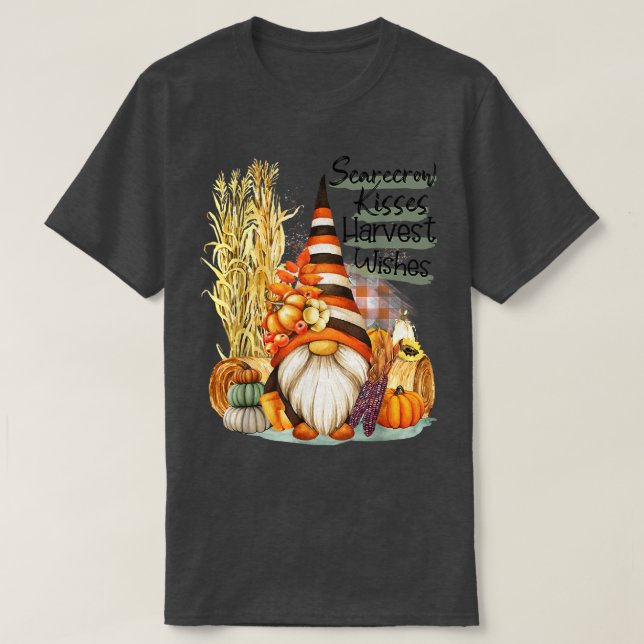 Fågelskrämma Kisses Harvest Önskemål Gnome Pumpkin T Shirt (Design framsida)