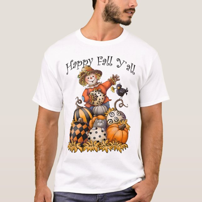 Fågelskrämma Lycklig Fall Y'all Pumpkin Thanksgivi T Shirt (Framsida)