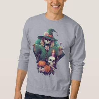 Fågelskrämma med skallpumpor och blommor Pixel Art Lång Ärmad Tröja