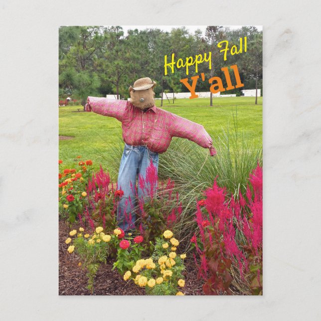 Fågelskrämma och blommor vid Bok Torn Gardens FL Vykort (Framsida)