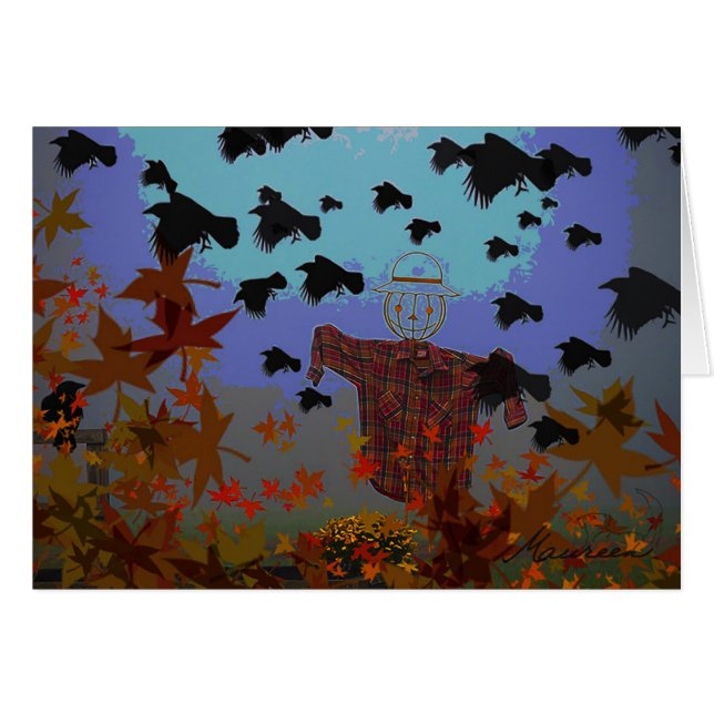 fågelskrämma och kråkor hälsningskort (Framsidan Horizontal)