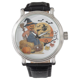 Fågelskrämma Pumpkin Halloween Rustic Vibes Art Armbandsur