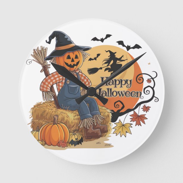 Fågelskrämma Pumpkin Halloween Rustic Vibes Art Rund Klocka (Framsida)