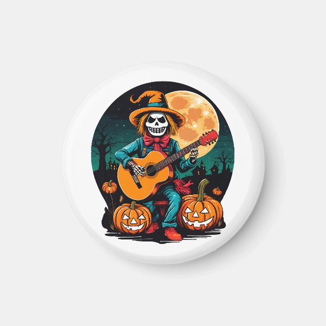 fågelskrämma spelar gitarr och firar halloween magnet (Framsidan)