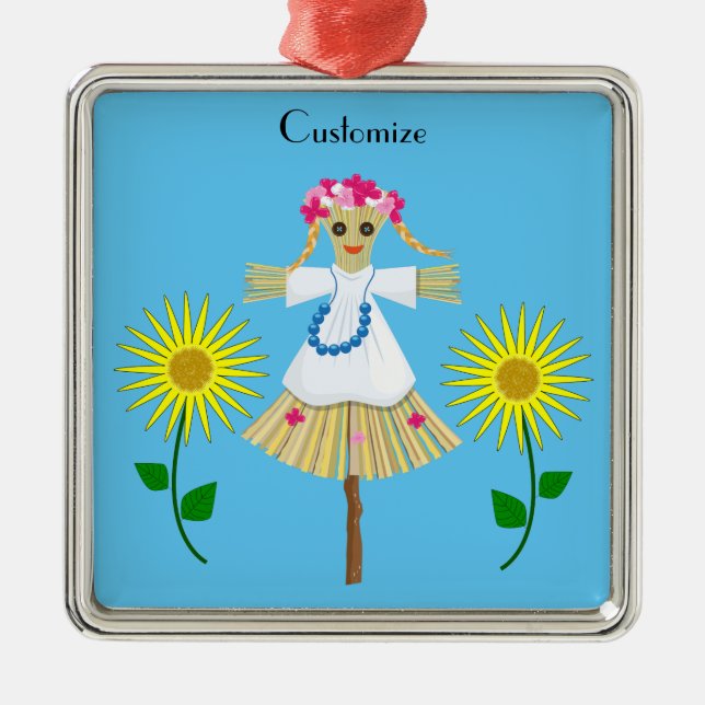 Fågelskrämman Cute Blonde Pigtails Julgransprydnad Metall (Framsidan)