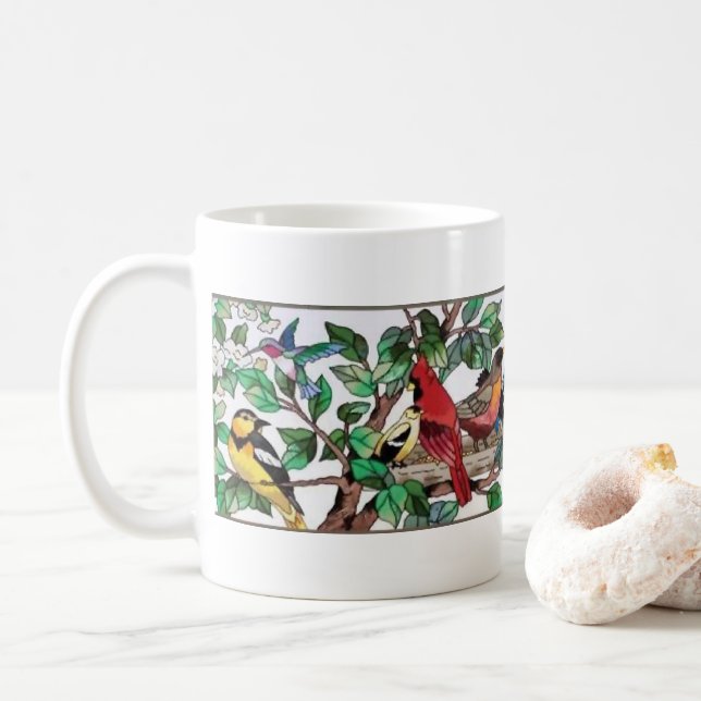 Fågelstensfärgad glasbild, vackra blommor och fågl kaffemugg (Med munk)
