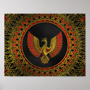 Fågelsymbol för guld och röd dekorerad Phoenix Poster