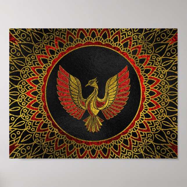 Fågelsymbol för guld och röd dekorerad Phoenix Poster (Framsidan)