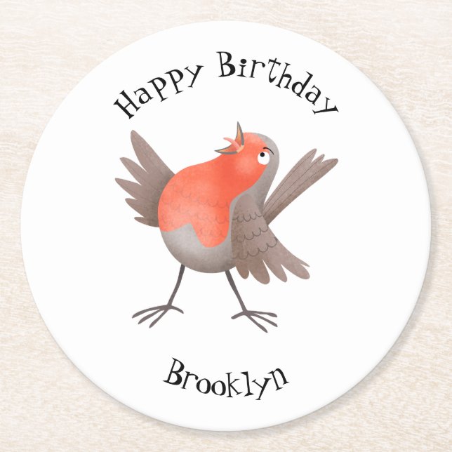 Fågeltecknad för Cute singenrobin Underlägg Papper Rund (Framsidan)