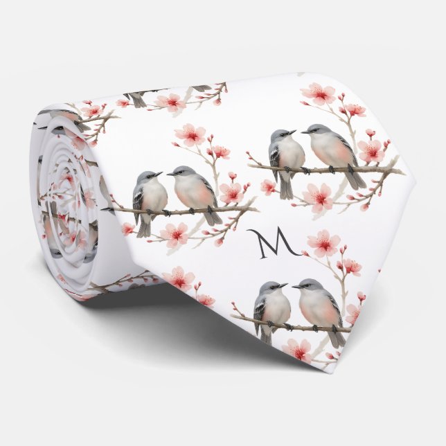 Fågeltema på grenar Monogram Vattenfärg Slips (Rullad)