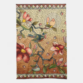 Fågla av rostat glas stil på blommar träd kökshandduk