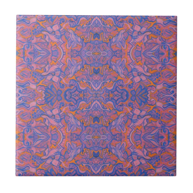 Fåglar Arabesque Bohemian Rosa Blue Orange Mönster Kakelplatta (Framsidan)