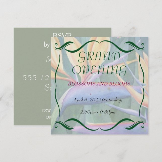 FÅGLAR AV PARADISK FLOWER GRAND ÖPPENING INBJUDAN (Fram/baksida)