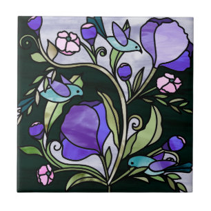 Fåglar av rostat glas stil grönt och lila blommor kakelplatta