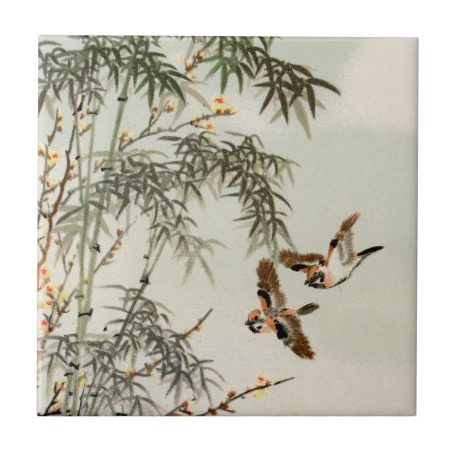Fåglar Bamboo Asian Japansk Vintage Kakelplatta (Framsidan)