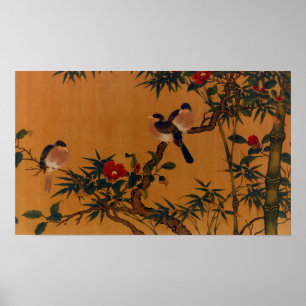 Fåglar, bambu och Camellias Japanska Art 1644-1911 Poster