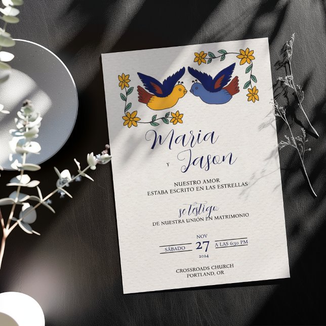 Fåglar Blommig Blå Gul Charmerande Spansk Bröllop Inbjudningar (Birds Floral Blue Yellow Charming Spanish Wedding Invitation)