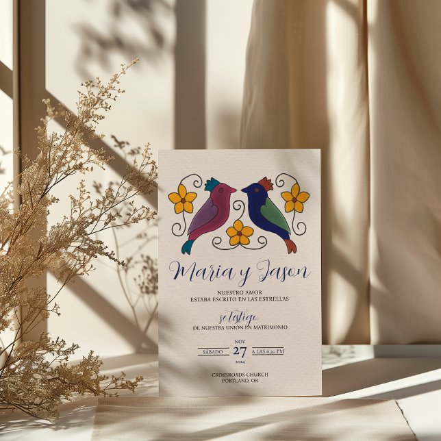 Fåglar Blommig Magenta Marinblå Spansk Bröllop Inbjudningar (Birds Floral Magenta Navy Blue Spanish Wedding Invitation)