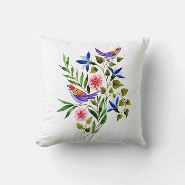 Fåglar Blommor Blommig Akvarell  Kudde (Framsida)