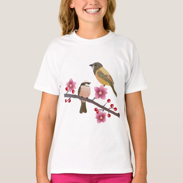 Fåglar, Blommor, Djur T Shirt (Framsida)