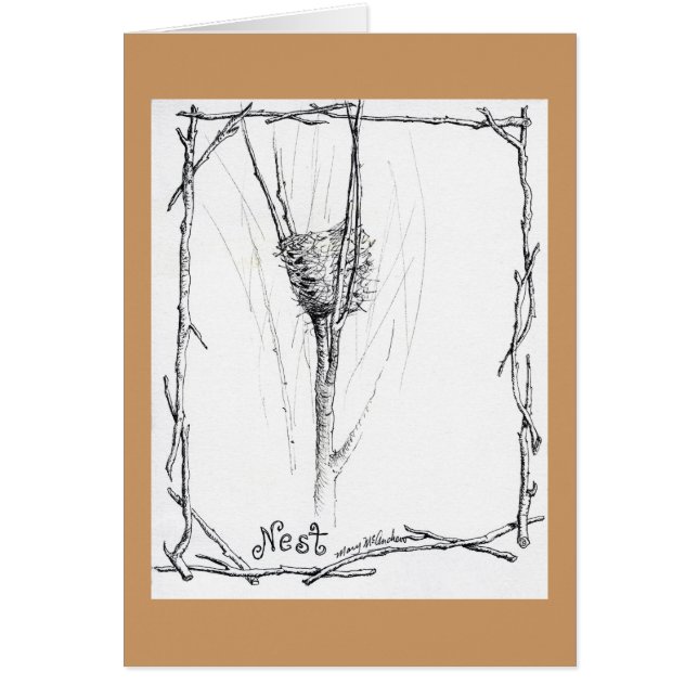 Fåglar bygga bo i vinter skissar i bläck hälsningskort (Framsidan)